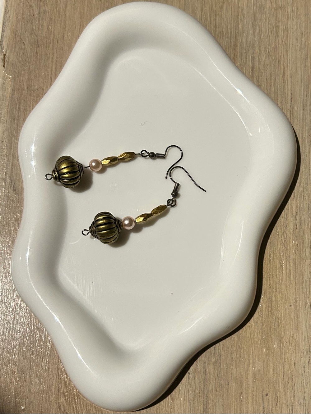 Brass Bead Dangle Earrings with Pearl Accent